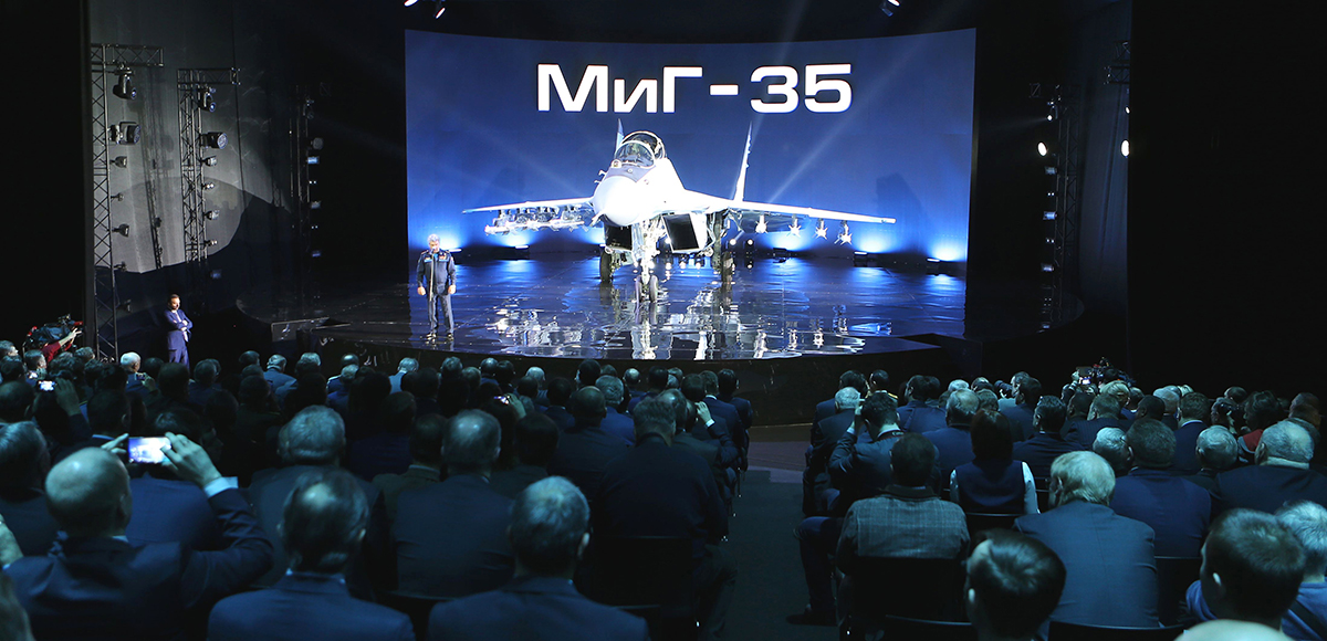 The new Russian multipurpose MiG-35 jet fighter, due to begin entering service in 2019, is displayed on a podium during its presentation at the MiG plant in Lukhovitsy, 90 miles southeast of Moscow, on January 27. (Photo credit: Marina Lystseva/AFP/Getty Images)