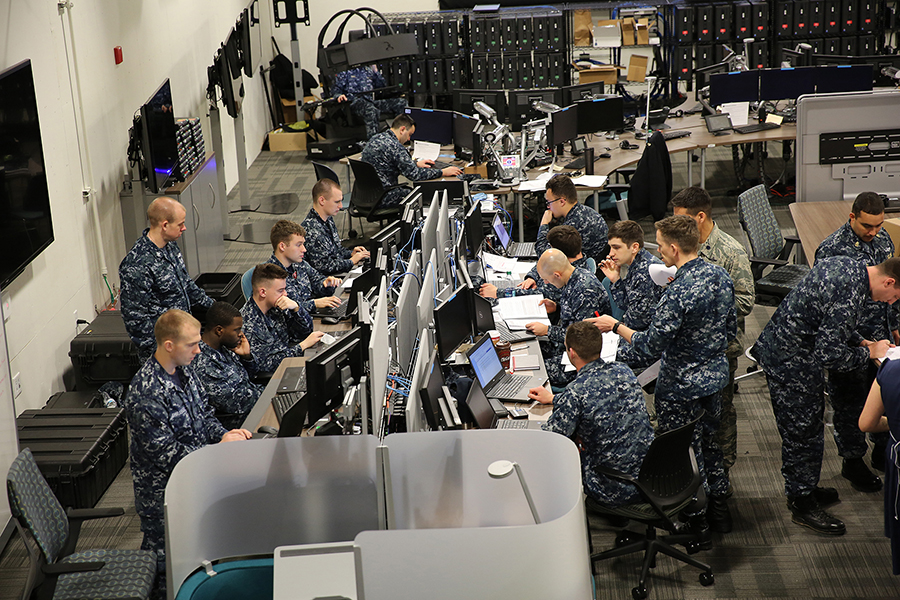 Sailors work together during an April 2017 U.S. Cyber Command exercise at Fort Meade, Md. (Photo: U.S. Cyber Command)