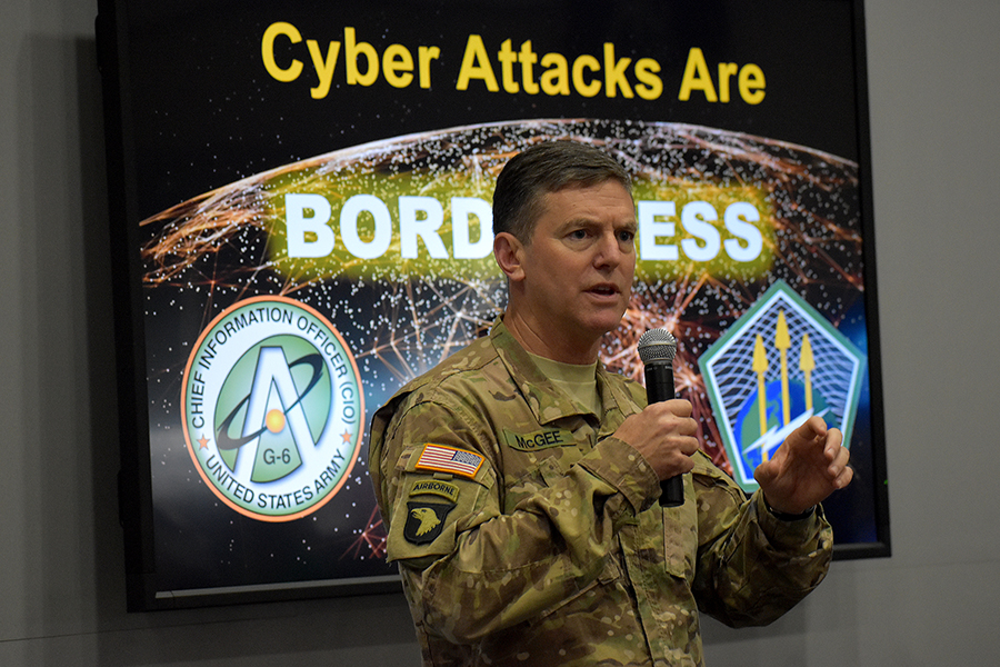 U.S. Army Brigadier General Joseph P. McGee, Army Cyber Command deputy commanding general for operations, talks with audience members about global cyber operations at the 2017 Association of the U.S. Army annual meeting in Washington.  (Photo: U.S. Army Cyber Command)