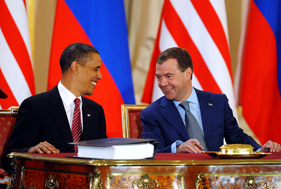 U.S. President Barack Obama (left) and Russian President Dmitry Medvedev prepare  to sign the New Strategic Arms Reduction Treaty in Prague on April 8, 2010.  (Photo: Jewel Samad/AFP/Getty Images)