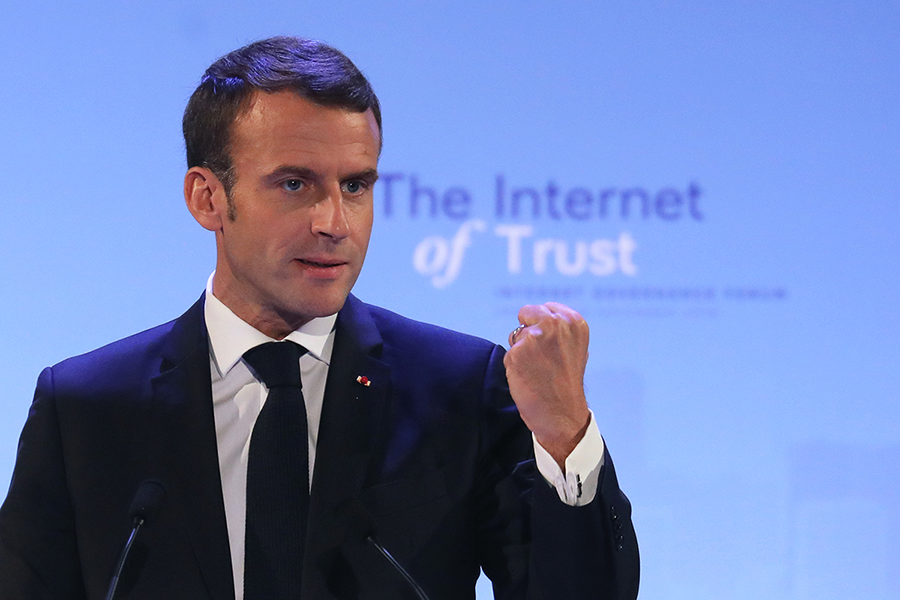 French President Emmanuel Macron speaks November 12, 2018 at the Internet Governance Forum in Paris, where he introduced the “Paris Call for Trust and Security in Cyberspace," which has been signed by more than 50 nations, but not the United States. (Photo: Ludovic Marin/AFP/Getty Images)