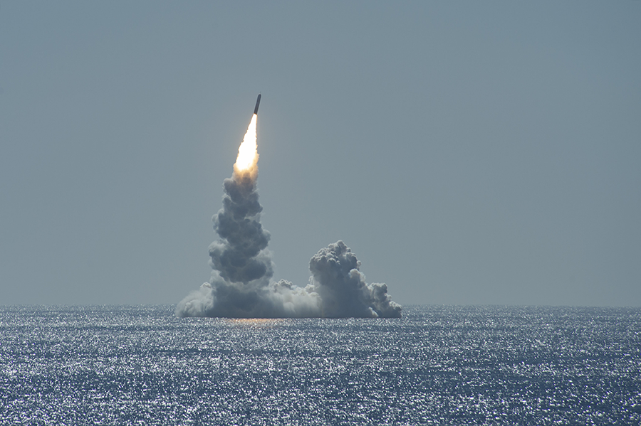 A U.S. Trident II submarine-launched missile is test-launched from the USS Maine off the coast of San Diego in February 2020. Next-stage U.S.-Russian arms control talks could aim to reduce the number of warheads deployed on submarines and other delivery vehicles. (Photo: Thomas Gooley/U.S. Navy)
