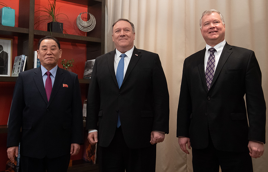 Ahead of the United States-North Korean summit in Hanoi that would ultimately collapse, Kim Yong Chol, a North Korean senior ruling party official and former intelligence chief (L); Secretary of State Mike Pompeo; and U.S. Special Representative for North Korea Stephen Biegun, held planning talks in Washington in January 2019. (Photo: Saul Loeb/AFP via Getty Images)