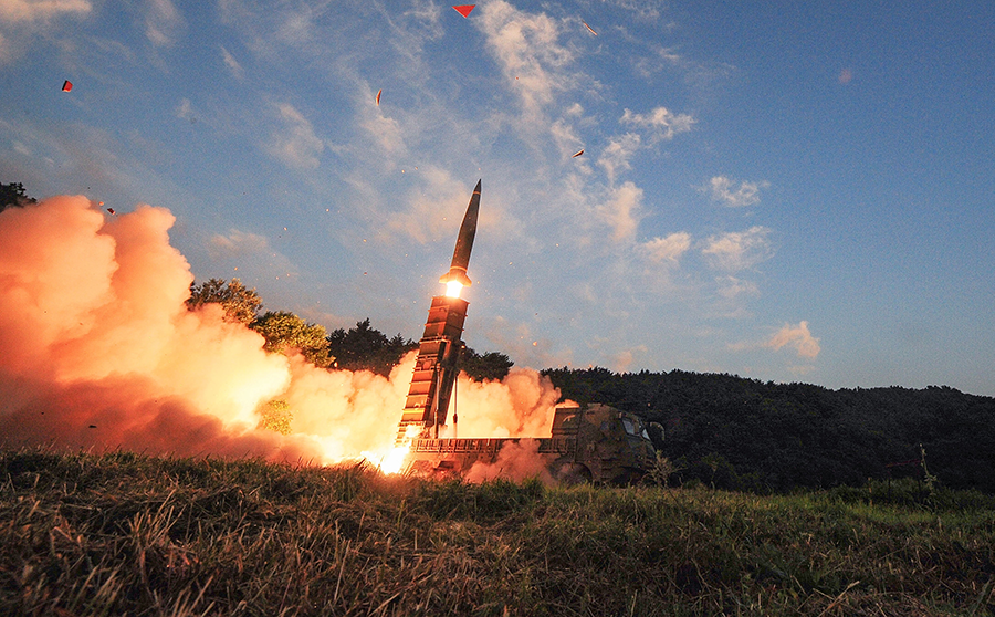 South Korea's Hyunmu-2 ballistic missile is fired during an exercise aimed to counter North Korea's nuclear test on September 4, 2017 in East Coast, South Korea. (Photo: South Korean Defense Ministry via Getty Images.)