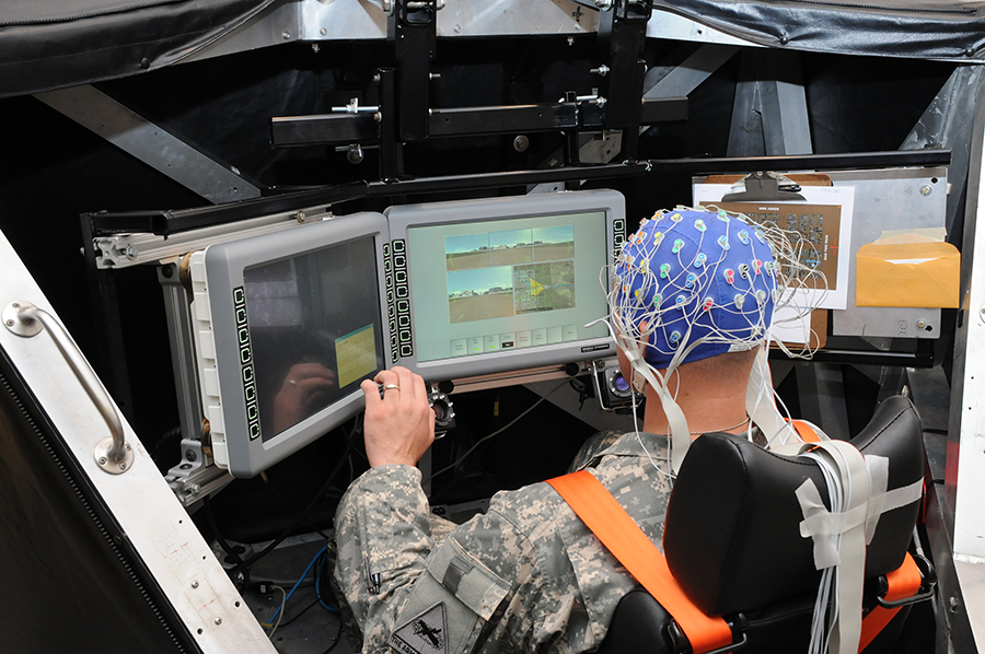 U.S. soldier tests out a brain-computer interface device as part of a U.S. program to expand the use of technology to augment the performance of military forces. (Photo by U.S. Army)