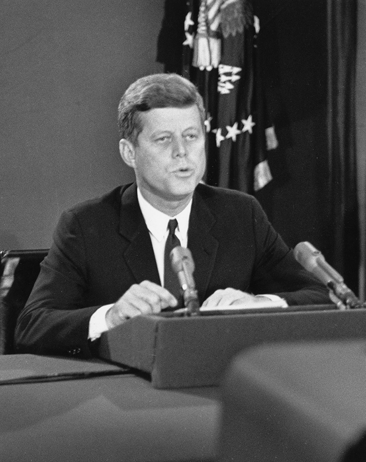 U.S. President John F. Kennedy speaks about the Cuban missile crisis during a televised speech to the nation on October 24, 1962 when the world was closer to a nuclear conflict than most people understood at the time. (Photo by Getty Images)