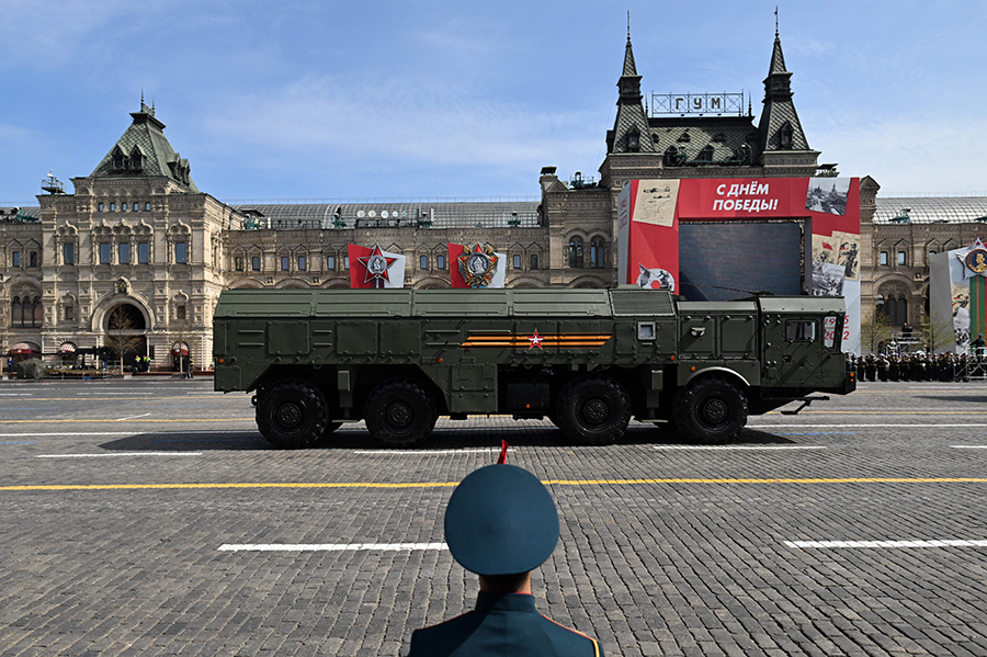 Russia has used the Iskander-M missile, shown parading through Red Square, to pummel Ukraine and conducted simulated launches of nuclear weapons with the missile during military exercises in the Kaliningrad enclave in May.  (Photo by Kirill Kudryavtsev/AFP via Getty Images)
