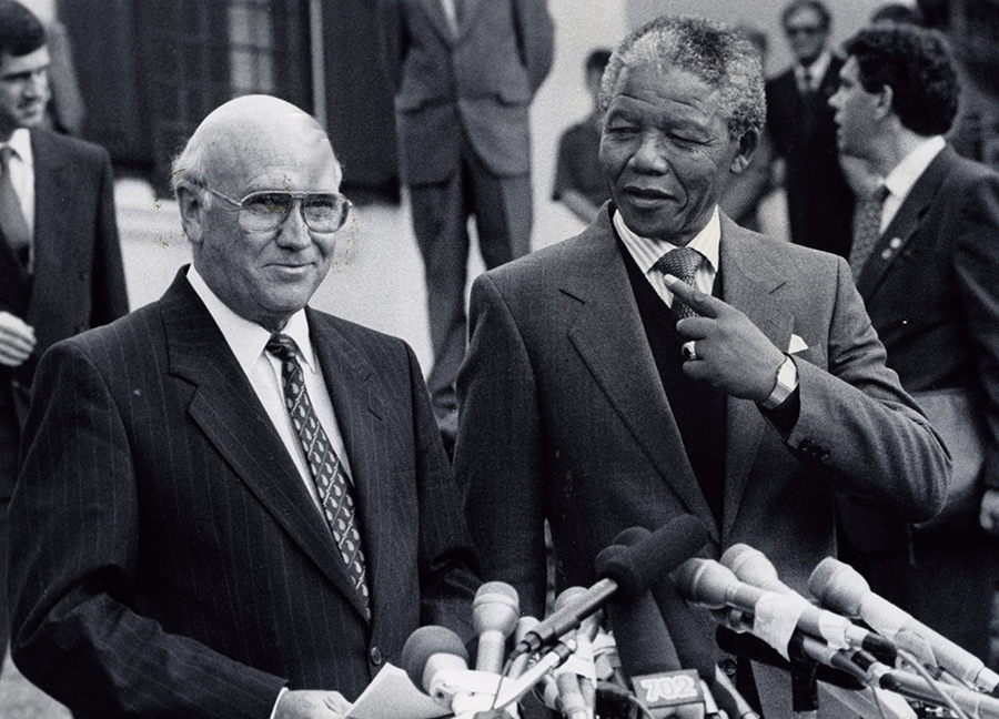 South Africa, a key actor in the history of nuclear nonproliferation, gave up its nuclear weapons program after Frederik de Klerk (L) was elected the country’s president in 1989. He is pictured in 1990 with anti-apartheid icon Nelson Mandela, who would become de Klerk’s successor. (Photo by Gallo Images via Getty Images/Sunday Times)