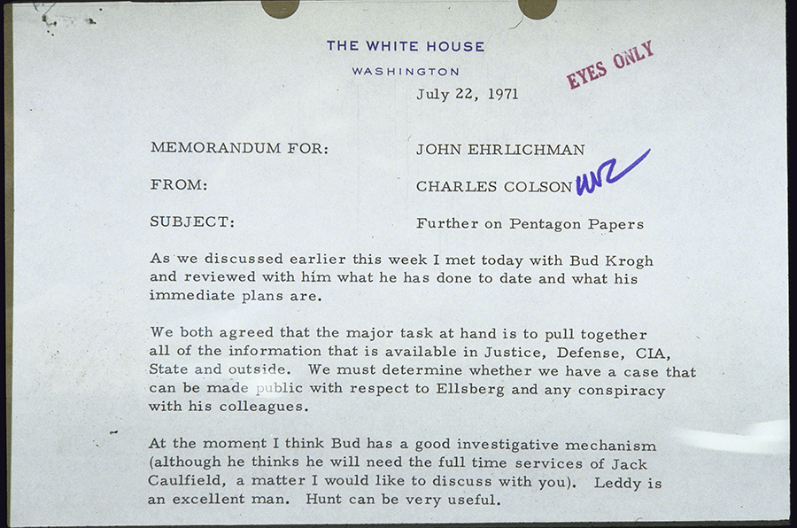 In a White House “eyes only” memo dated July 22, 1971, Charles Colson, who masterminded political tricks for President Richard Nixon, updated White House Chief of Staff John Ehrlichman on plans to go after Daniel Ellsberg in the Pentagon Papers case. (Photo by Cynthia Johnson/Getty Images)