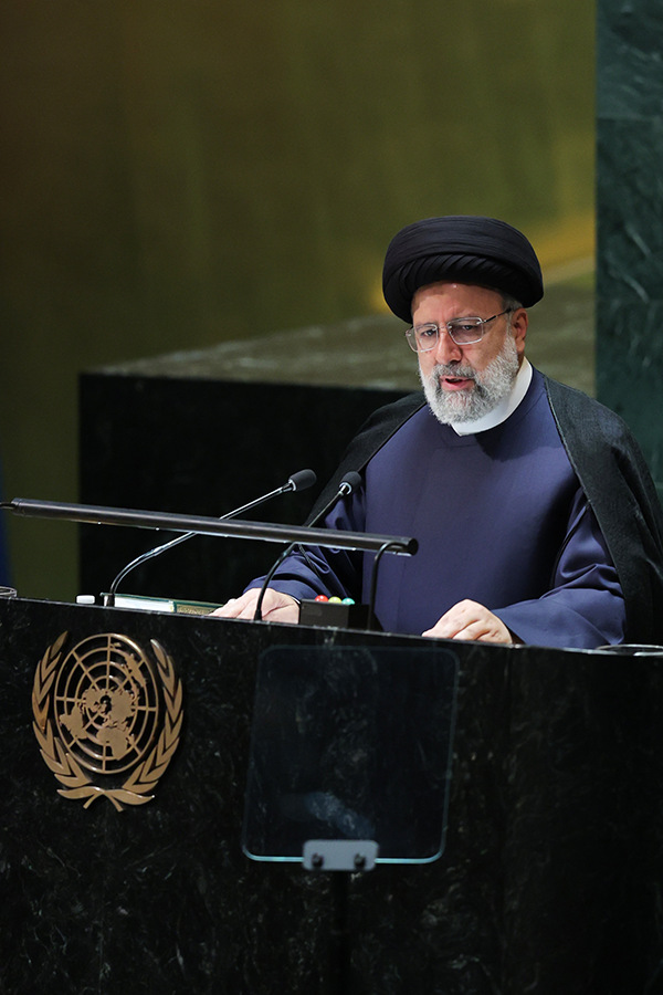 During his UN General Assembly address, Iranian President Ebrahim Raisi called on the United States to “change their course” away from sanctions.  (Photo by Iranian Presidency/Handout/Anadolu Agency via Getty Images)