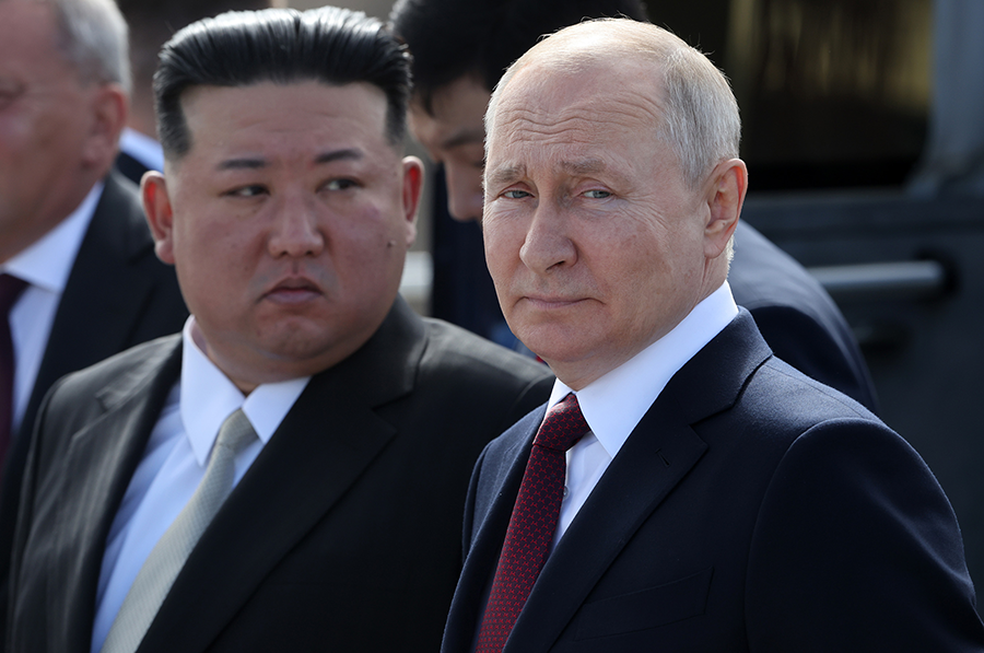 North Korean leader Kim Jong Un (L) visits Russian President Vladimir Putin in Tsiolkovsky, Russia, in September. The two countries are growing closer as North Korea supplies Russia with weapons for its war in Ukraine. (Photo by Getty Images)