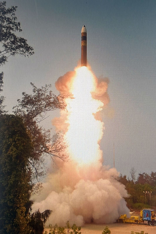 India’s first test of the Agni-5 missile capable of carrying multiple warheads with independent targeting capability has fanned further fears of an emerging nuclear arms race. (Photo by Government of India)