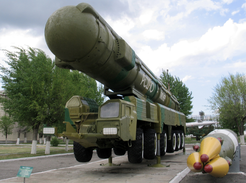 An undated photograph shows a former Russian RSD-10 “Pioneer” ballistic missile system, a nuclear weapon known in the West as an SS-20, that was eliminated by the INF Treaty on display at the Kapustin Yar museum in Znamensk, Russia. (Photo credit: Leonidl/Wikimedia Commons)