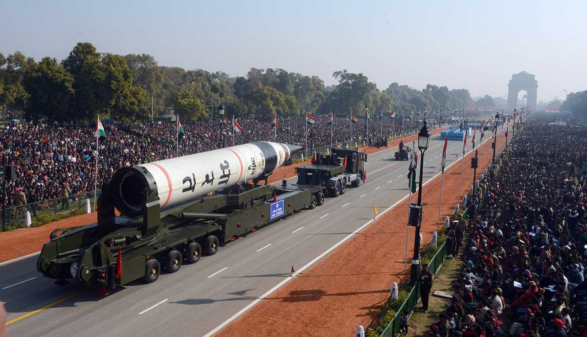 India displays its nuclear-capable Agni V intercontinental ballistic missile during the Republic Day parade in New Delhi on January 26, 2013. Credit: Raveendran/AFP/Getty Images