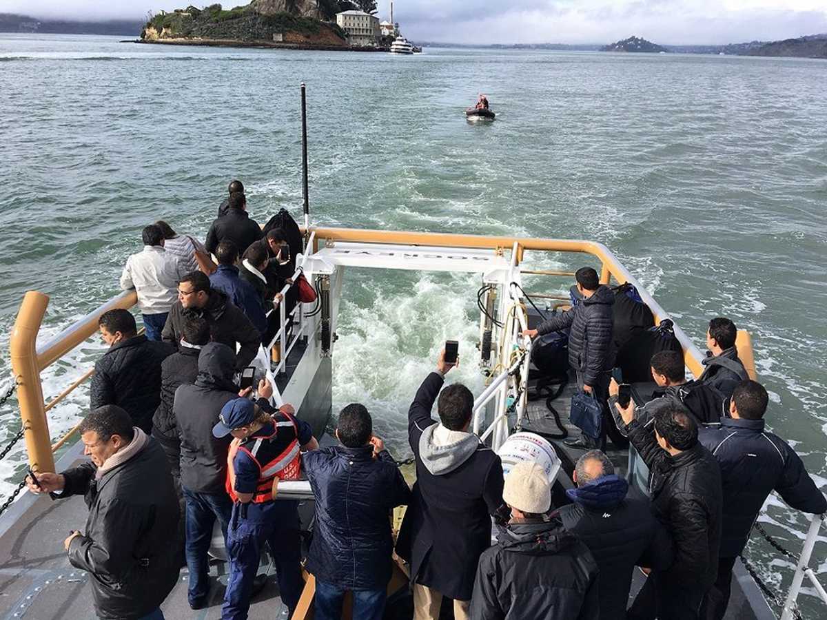 In December, 19 government officials from Morocco participated in a maritime-security training program at the Naval Postgraduate School in Monterey, California. The State Department’s Export Control and Related Border Security program annually sponsors this training. During their orientation tour on San Francisco Bay, the officials see a demonstration of Coast Guard maritime maneuvers. Credit: U.S. Department of State