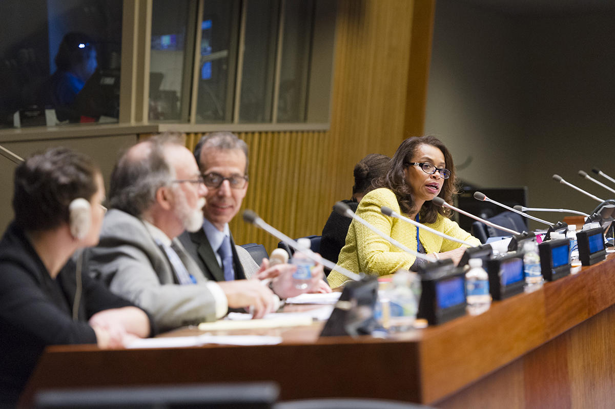 Elayne Whyte Gómez (right), permanent representative of Costa Rica to the UN Office at Geneva and president of the United Nations conference to negotiate a nuclear weapons prohibition treaty, chairs a meeting of the conference March 30. (Photo credit: Rick Bajornas/UN)