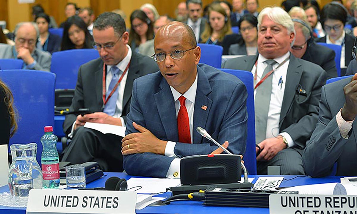 U.S. Ambassador Robert A. Wood, U.S. permanent represen­tative to the Conference on Disarmament, presents the U.S. statement May 2 at the NPT preparatory committee meeting in Vienna. (Photo caption: U.S. Mission to International Organizations in Vienna)