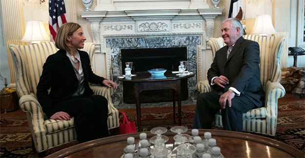 U.S. Secretary of State Rex Tillerson meets with European Union foreign policy chief Federica Mogherini at the State Department on February 9. (Photo credit: Alex Wong/Getty Images)