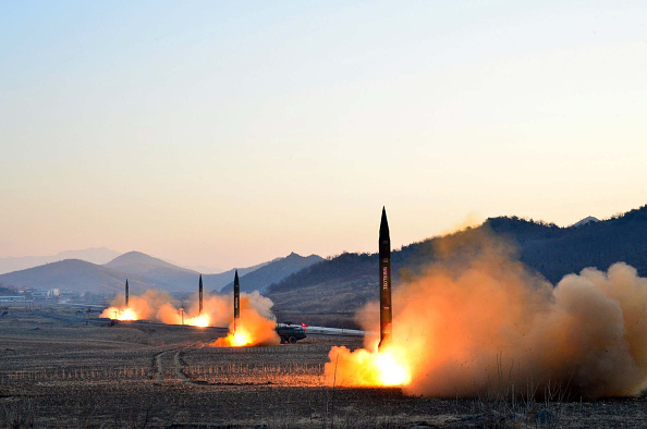 This undated picture released by North Korea's Korean Central News Agency (KCNA) via KNS on March 7, 2017 shows the launch of four ballistic missiles by the Korean People's Army (KPA) during a military drill at an undisclosed location in North Korea. (Photo credit: STR/AFP/Getty Images)