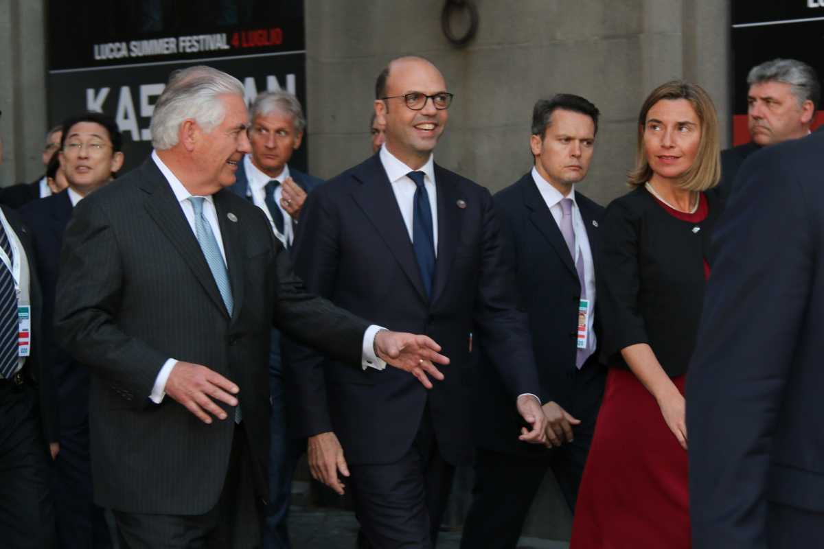 U.S. Secretary of State Rex Tillerson speaks with Italian Foreign Minister Angelino Alfano and European Union High Representative for Foreign Affairs Federica Mogherini during the April 2017 G7 foreign ministers meeting in Italy. [State Department photo/ Public Domain]