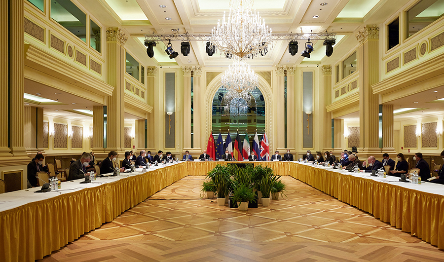 Representatives of the European Union, Iran and others attend the Iran nuclear talks at the Grand Hotel on April 15 in Vienna, Austria. Representatives from the United States, Iran, the European Union, Russia, China and other participants from the original Joint Comprehensive Plan of Action (JCPOA) are meeting directly and indirectly over possibly reviving the plan.  (Photo: EU Delegation in Vienna via Getty Images)