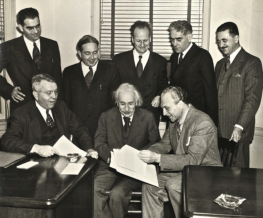 Albert Einstein, center, and other members of the Emergency Committee of Atomic Scientists meet in Princeton, N.J., on Nov. 18, 1946 where they issued an appeal for $1 million to finance a nation-wide educational campaign on the social implications of atomic energy. (Photo via Oregon State University Library)