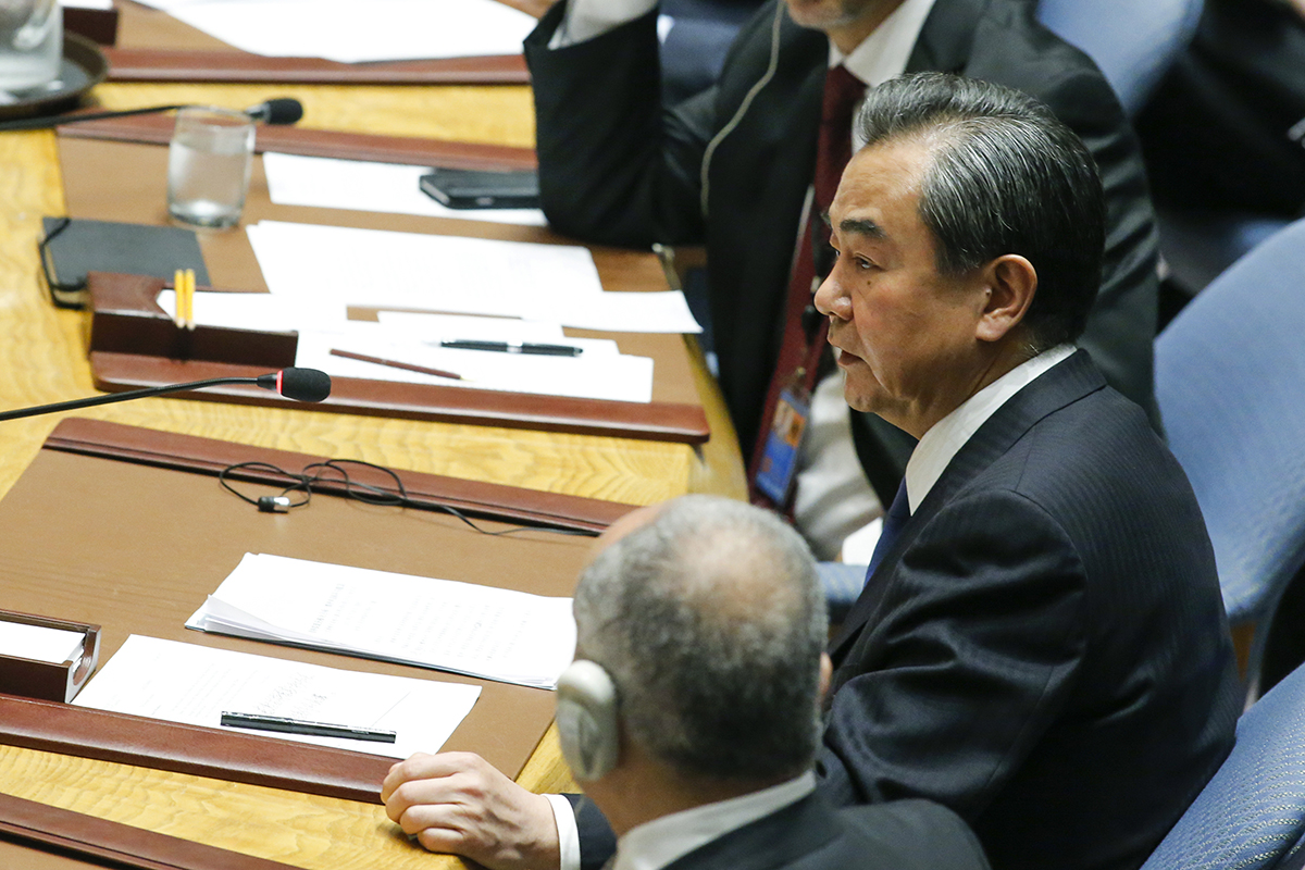 Chinese Foreign Minister Wang Yi speaks April 28 during a special ministerial-level meeting of the UN Security Council on North Korea’s nuclear and missile testing. While the United States is pressing China to influence Pyongyang, Wang told the 15-member council that is not only up to China to solve the North Korean problem. (Photo credit: Eduardo Munoz Alvarez/Getty Images)