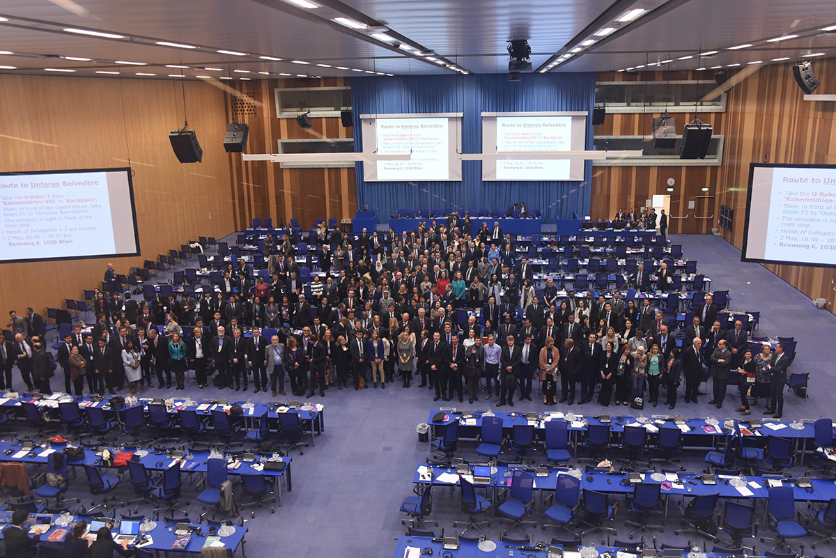 Participants gathered in May in Vienna for the opening sessions of preparatory committee for the 2020 Review Conference of the nuclear Nonproliferation Treaty. (Photo credit: Agata Wozniak /UNIS Vienna)