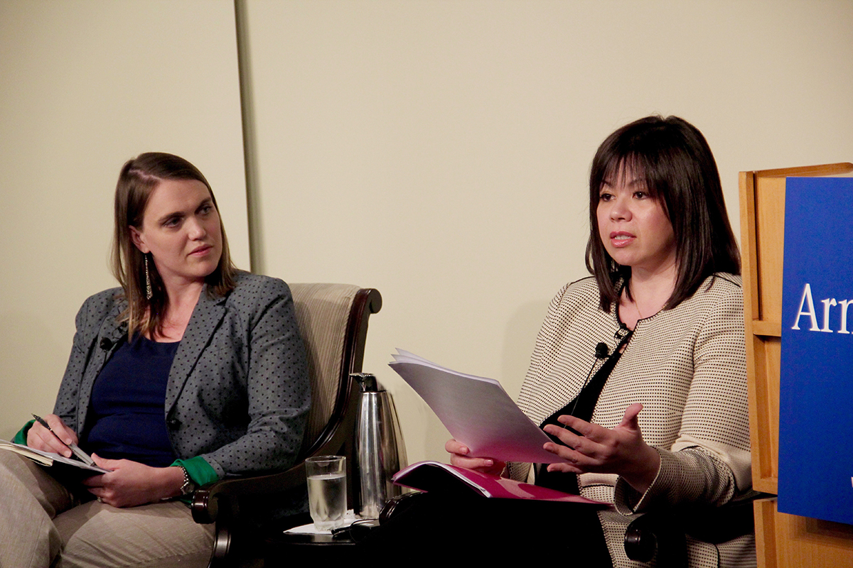 Kelsey Davenport (left) and Suzanne DiMaggio (right) at the 2017 Arms Control Association Annual Meeting in Washington, DC. (Photo Credit: Terry Atlas/Arms Control Association)