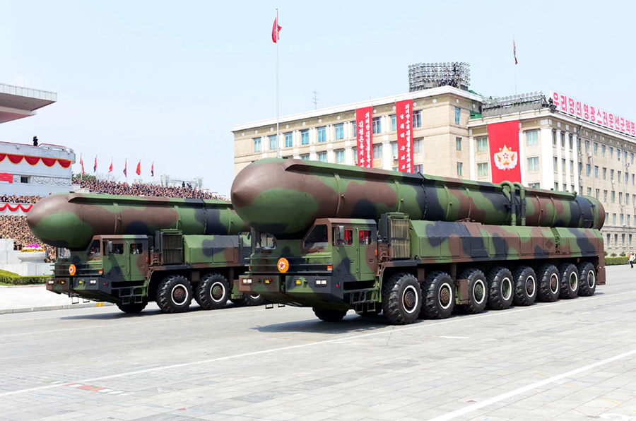 Ballistic-missile canisters are displayed during a military parade in Pyongyang marking the 105th anniversary of the birth of the former North Korean leader Kim Il Sung, in an April 15 photograph from North Korea’s official Korean Central News Agency shows. (Photo credit: STR/AFP/Getty Images)