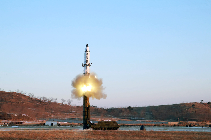An medium-range Pukguksong-2 ballistic missile is shown being test-launched  Feb. 12 in a photograph from North Korea’s official Korean Central News Agency. (Photo credit: STR/AFP/Getty Images)