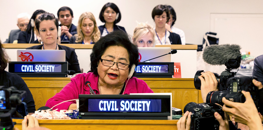 Civil society representatives from about 100 nongovernmental organizations, including hibakusha leaders such as Setsuko Thurlow (center), participated and contributed to the process, which is unprecedented for nuclear weapons-related negotiations.  (Photo credit: Ralf Schlesener/ICAN)