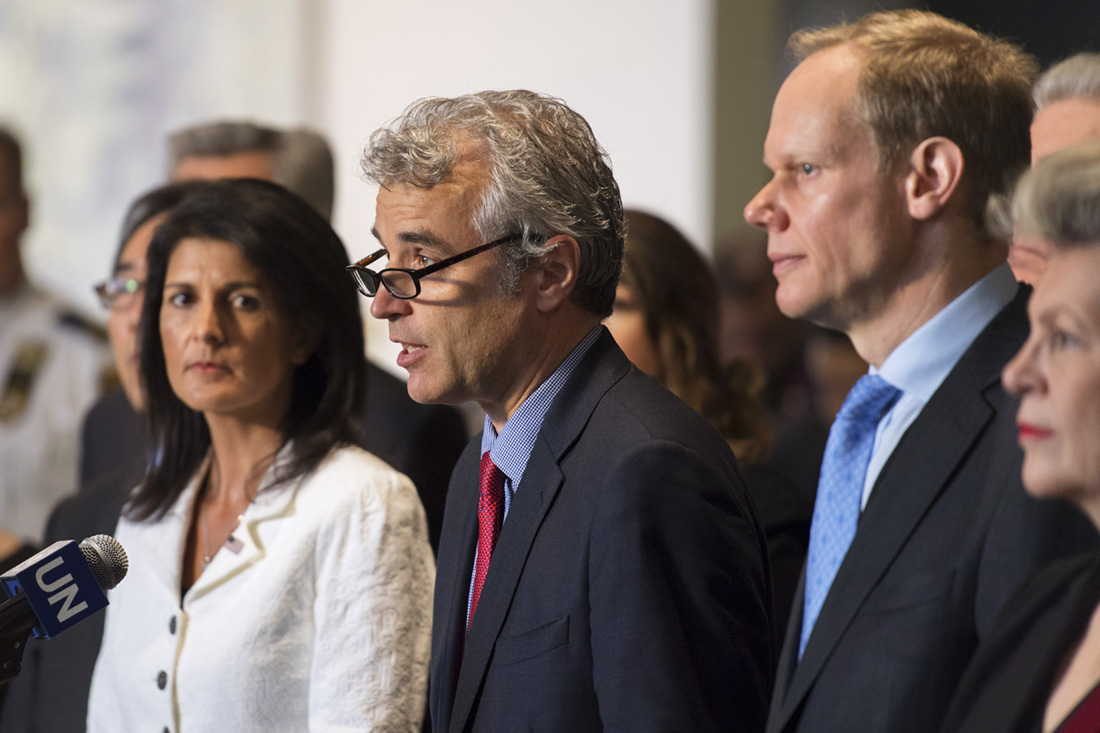 Alexis Lamek, deputy UN permanent representative of France, speaks to journalists March 27 at the United Nations on behalf of member states opposed to the conference to negotiate a legally-binding instrument to prohibit nuclear weapons. He is flanked by U.S. Ambassador Nikki Haley (left) and Matthew Rycroft, UN permanent representative of the United Kingdom. (Photo credit: UN Photo/Mark Garten)