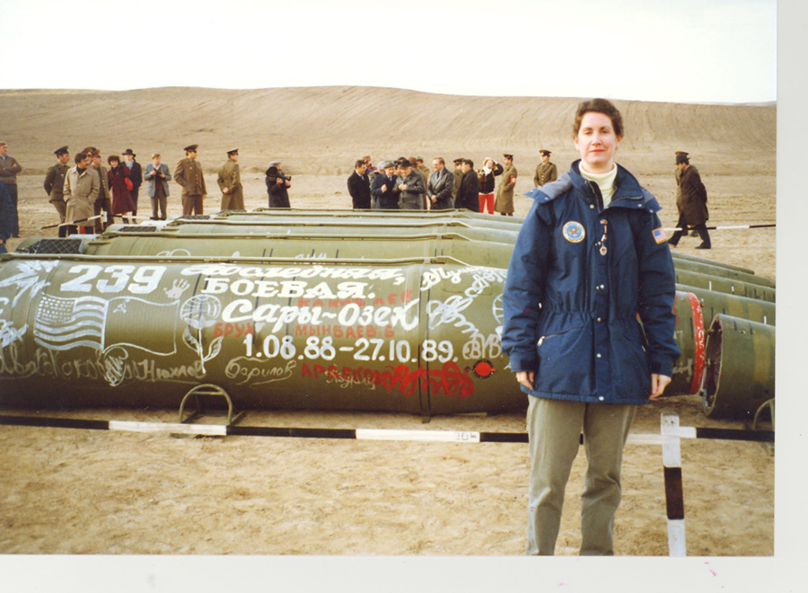 Ambassador Eileen Malloy, the then-chief of the arms control unit at the U.S. Embassy in Moscow, is pictured May 11, 1990 at the destruction site in Saryozek, (former Soviet Union) Kazakhstan, where the last Soviet short-range missiles under the Intermediate-Range Nuclear Forces Treaty were eliminated in spring 1990. (Photo credit: American Foreign Service Association) 