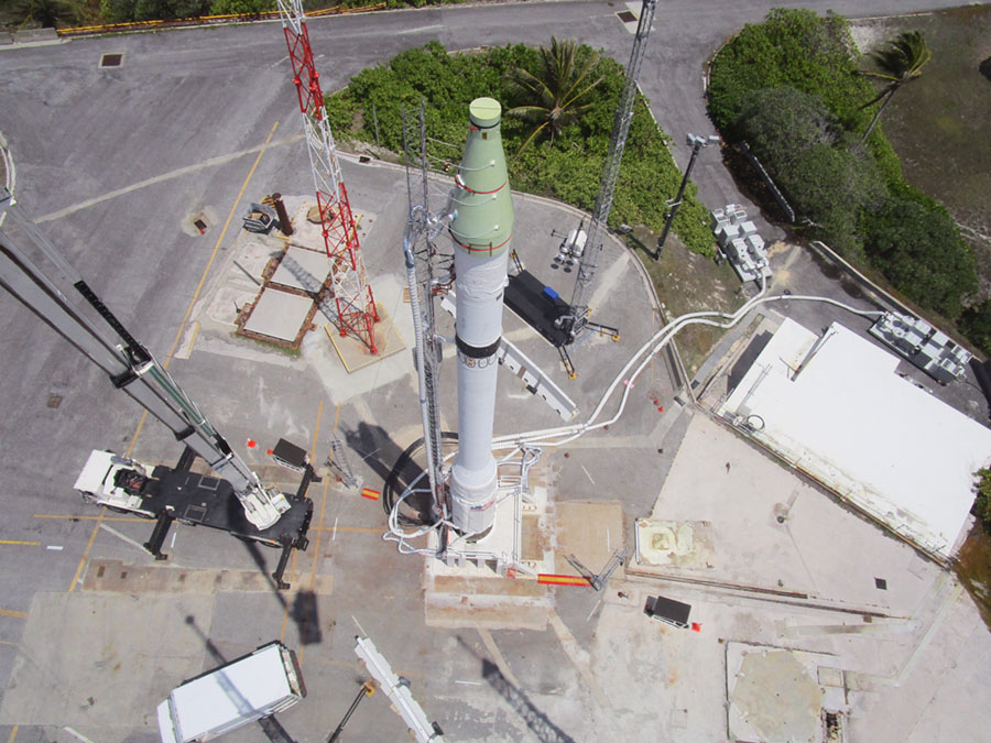 The intercontinental ballistic missile-class live-test target before launch, May 30, from the U.S. Army’s Reagan test site on Kwajalein Atoll in the Marshall Islands. (Photo credit: U.S. Department of Defense)