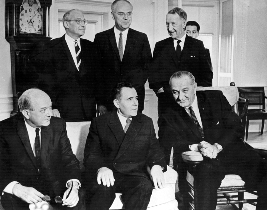 President Lyndon Baines Johnson in the Oval Office on October 13, 1966 with Secretary of State Dean Rusk, Soviet Foreign Minister Andrei Gromyko (center), National Security Advisor Walt Rostow, Soviet Ambassador Anatoly Dobrynin, and U.S. Ambassador Llewellyn E. Thompson. (Photo credit: Central Press/Stringer/Getty Images)