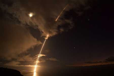 A medium-range ballistic missile target is launched from the Pacific Missile Range Facility on Kauai, Hawaii, during a test August 29. The target was successfully intercepted by SM-6 missiles fired from the Arleigh Burke-class guided-missile destroyer USS John Paul Jones.  (Photo credit: U.S. Missile Defense Agency)