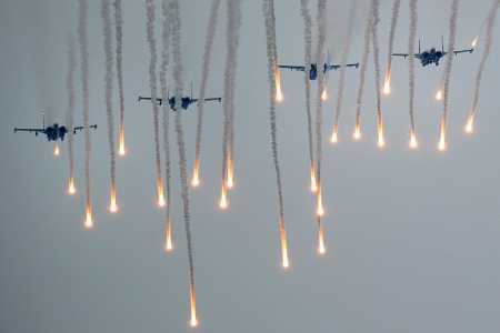 Military jets fly during the joint Russian-Belarusian military exercises Zapad 2017 at a training ground near the town of Borisov on September 20. (Photo credit: SERGEI GAPON/AFP/Getty Images)