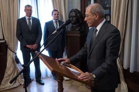 Ahmet Üzümcü, director-general of the Organisation for the Prohibition of Chemical Weapons, speaks at a ceremony October 11 following the completion of the destruction of Russia’s chemical weapons. The event was held at the residence of Ambassador Alexander Shulgin, the permanent representative of the Russian Federation to the OPCW. (Photo credit: OPCW)