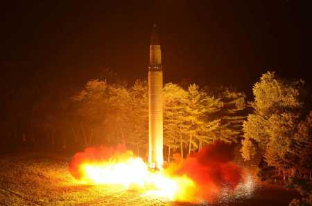 This July 28, 2017 picture released from North Korea's official Korean Central News Agency (KCNA) on July 29, 2017 shows North Korea's intercontinental ballistic missile (ICBM), Hwasong-14 being lauched at an undisclosed place in North Korea. Kim Jong-Un boasted of North Korea's ability to strike any target in the US after a second ICBM test that weapons experts said could even bring New York into range - in a potent challenge to US President Donald Trump. (Photo: STR/AFP/Getty Images)