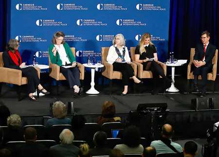 Women in greater numbers were included in panels at the 2017 Carnegie International Nuclear Policy Conference. From left, moderator Marjolijn Van Deelen, the Netherlands Ministry of Foreign Affairs; Dell Higgie, New Zealand Ministry of Foreign Affairs and Trade; Susan Burk, independent consultant; Beatrice Fihn, International Campaign to Abolish Nuclear Weapons; and George Perkovich, Carnegie Endowment for International Peace, discuss provisions of the nuclear Nonproliferation Treaty on March 21 in Washington.  (Photo credit: Carnegie Endowment for International Peace)