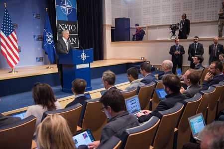 Secretary of Defense Jim Mattis briefs the press at the NATO headquarters in Brussels November 9, after discussing with allies issues including Russia's alleged violation of the Intermediate-Range Nuclear Forces (INF) Treaty.  (Photo credit: Jette Carr/ U.S. Air Force)