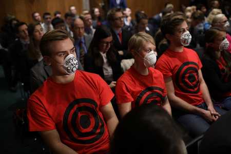 Protesters from the Global Zero movement attend a Senate Foreign Relations Committee hearing November 14, 2017, on the authority to order the use of nuclear weapons. (Photo: Win McNamee/Getty Images)