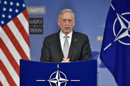 U.S. Secretary of Defense Jim Mattis holds a press conference November 9, 2017, at NATO headquarters in Brussels during talks that included discussion of the alleged Russian INF Treaty violation. (Photo: JOHN THYS/AFP/Getty Images)