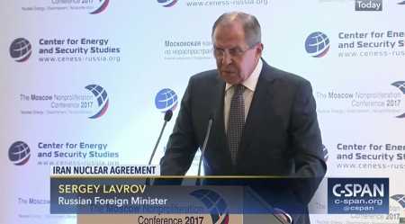 Russian Foreign Minister Sergey Lavrov said in remarks October 20, 2017, at the Moscow Nonproliferation Conference that Russia is willing to “discuss the concerns of both parties.” (Photo: C-SPAN)