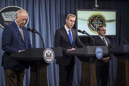 Deputy Defense Secretary Patrick Shanahan (center), State Department Undersecretary for Political Affairs Thomas Shannon Jr. (left), and Deputy Energy Secretary Dan Brouillette brief reporters on the 2018 Nuclear Posture Review at the Pentagon on February 2. (Photo: Kathryn E. Holm/DoD)
