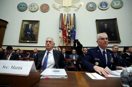 U.S. Defense Secretary Jim Mattis (L), and Air Force Gen. Paul Selva, vice chairman of the Joint Chiefs of Staff, testify on the Nuclear Posture Review before the House Armed Services Committee on February 6. (Photo: Mark Wilson/Getty Images)