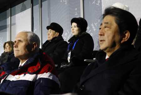 U.S. Vice President Mike Pence, sits next to Japanese Prime Minister Shinzo Abe at the opening ceremony of the 2018 Winter Olympics on February 9 in Pyeongchang, South Korea. Though nearby, Pence did not acknowledge or speak with Kim Yong Nam (top left), president of the Presidium of North Korea's Supreme People's Assembly, and Kim Yo Jong (top right), sister of North Korean leader Kim Jong Un. Secret plans for a February 10 meeting collapsed at the last minute, according to U.S. officials. (Photo: Patrick Semansky - Pool /Getty Images)
