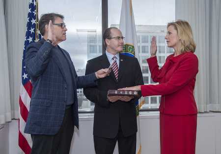 Secretary of Energy Rick Perry swears in Lisa E. Gordon-Hagerty as administrator of the National Nuclear Security Administration on February 22. She told a Senate committee March 14 that the administration is looking at options for funding planned low-yield nuclear warheads. (Photo: NNSA)