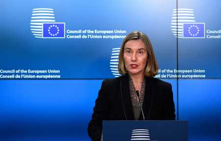 EU High Representative for Foreign Affairs and Security Policy Federica Mogherini addresses a press conference during a foreign ministers meeting at EU headquarters in Brussels on March 19, 2018. She said the EU is starting to prepare to “protect European interests” in case “decisions are taken elsewhere” not to abide by the Iran nuclear deal.  (Photo: JOHN THYS/AFP/Getty Images)